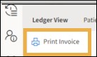 Ledger View with a yellow highlight box around the Print Invoice button.